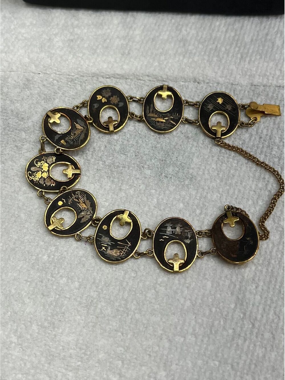 #33 Art Deco Japan Damascene Bracelet Inlaid Landscape Oval Panels Cross